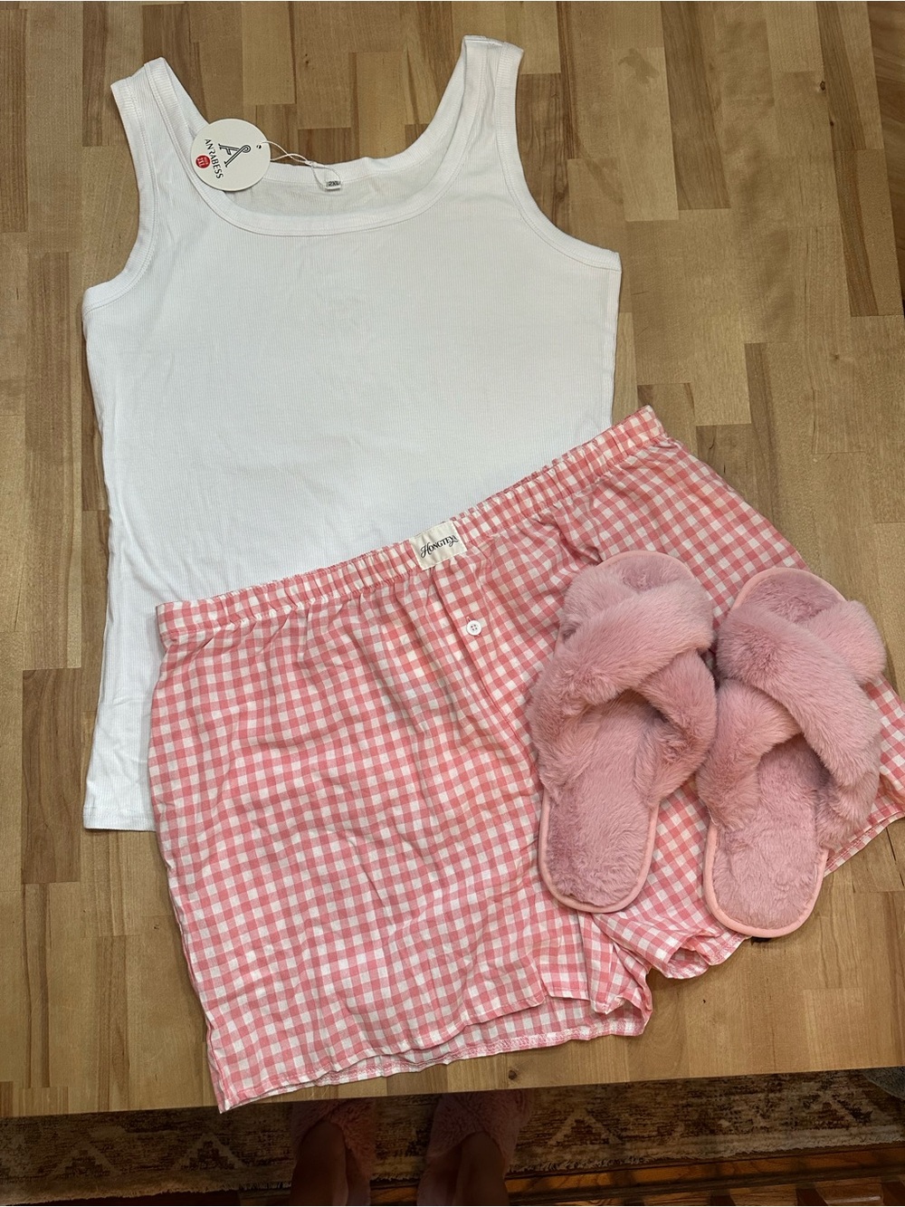 3 Piece Set! White Tank & Pink Gingham Sleep Short Set - Pink Fuzzy Slipeprs 🩷
